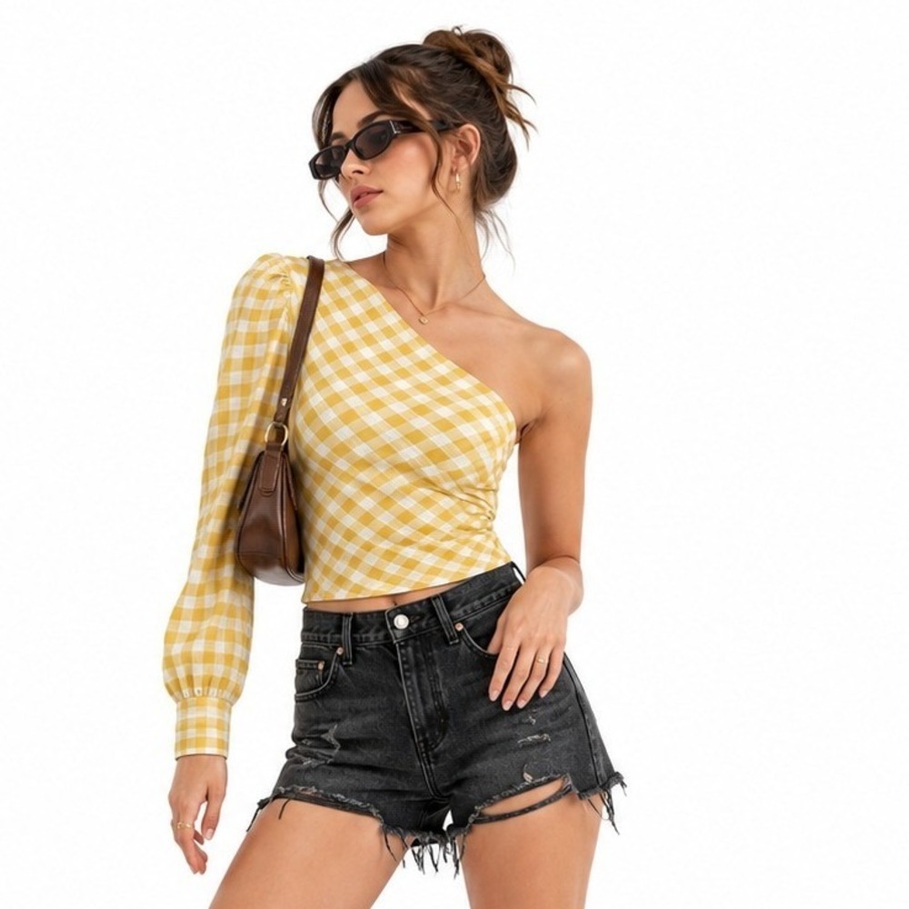 Zara One Shoulder Gingham Ruched Crop Top Pastel Yellow Size XS